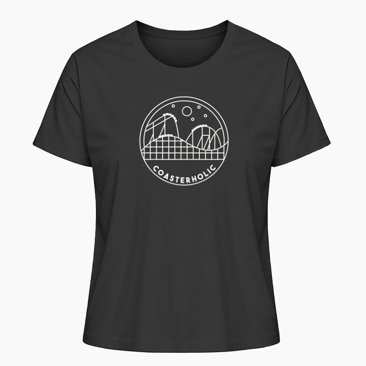 Das "Coasterholic" Damen T-Shirt in Weiß mit einem minimalistischen Achterbahn-Design. Perfekt für Achterbahn-Fans, die ihren Coaster-Enthusiasmus stilvoll präsentieren möchten.