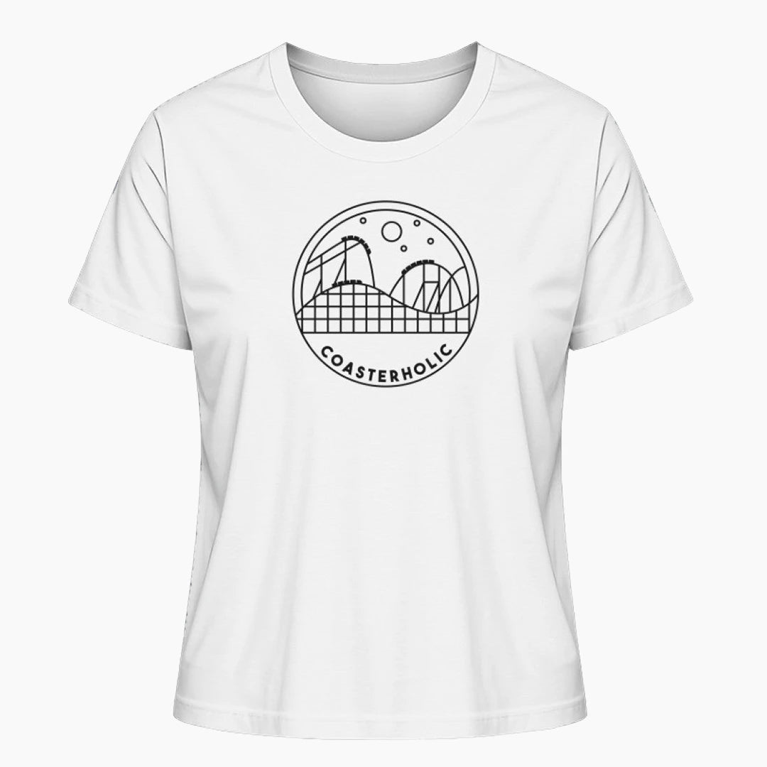 Das "Coasterholic" Damen T-Shirt in Weiß mit einem minimalistischen Achterbahn-Design. Perfekt für Achterbahn-Fans, die ihren Coaster-Enthusiasmus stilvoll präsentieren möchten.