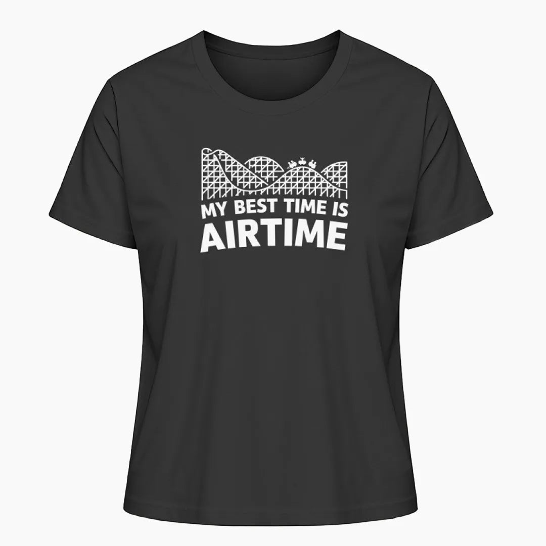 Das "My Best Time is Airtime" Damen T-Shirt in Weiß mit minimalistischem Achterbahn-Design. Ideal für Freizeitpark-Fans, die das Gefühl der Airtime lieben und es stilvoll zeigen möchten.