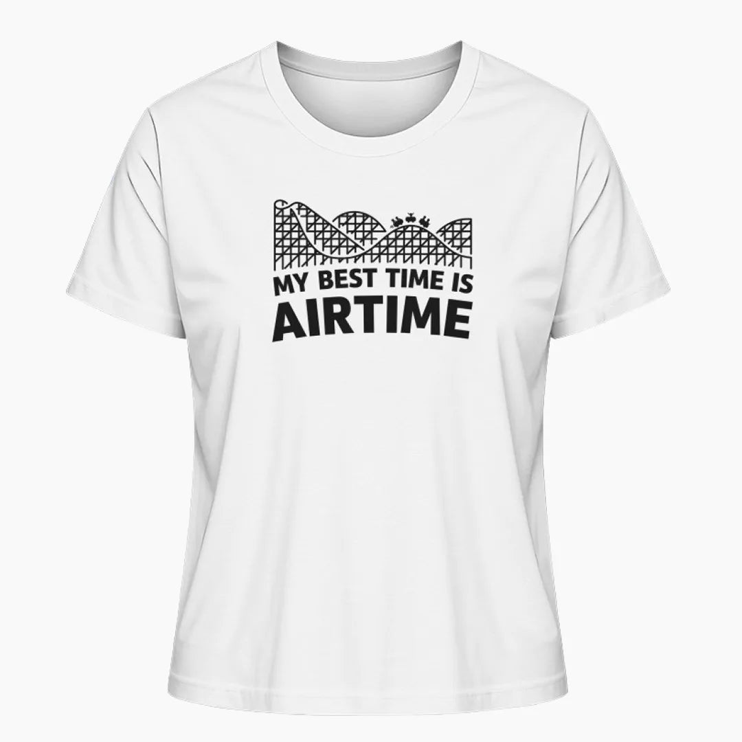 Das "My Best Time is Airtime" Damen T-Shirt in Weiß mit minimalistischem Achterbahn-Design. Ideal für Freizeitpark-Fans, die das Gefühl der Airtime lieben und es stilvoll zeigen möchten.