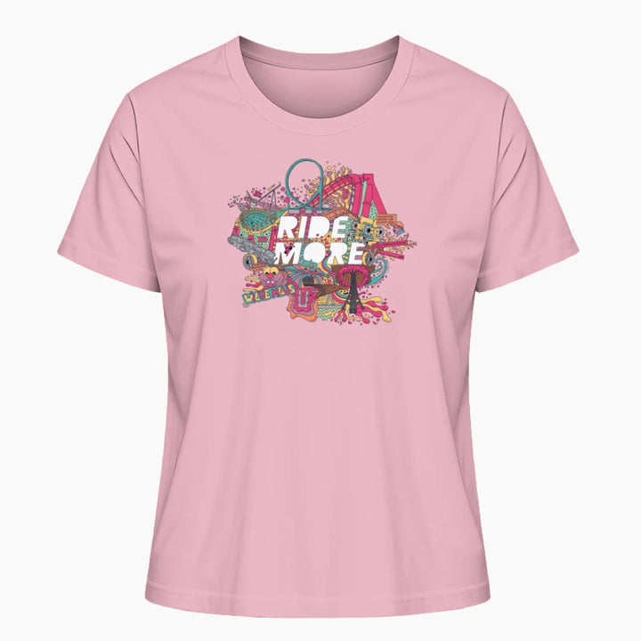 Das "Ride More" Damen T-Shirt in Weiß mit farbenfrohem Print, inspiriert von Freizeitpark-Abenteuern. Perfekt für Achterbahn-Fans und Coaster-Enthusiasten, die ihre Leidenschaft stilvoll zeigen möchten.