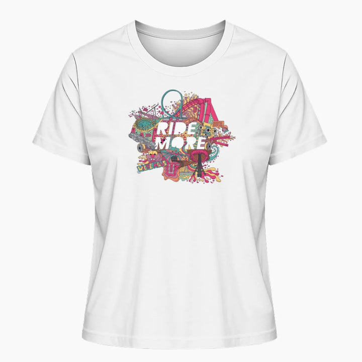 Das "Ride More" Damen T-Shirt in Weiß mit farbenfrohem Print, inspiriert von Freizeitpark-Abenteuern. Perfekt für Achterbahn-Fans und Coaster-Enthusiasten, die ihre Leidenschaft stilvoll zeigen möchten.